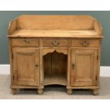 VICTORIAN STRIPPED PINE WASHSTAND, three quarter rail back, three frieze drawers, water jug/dog