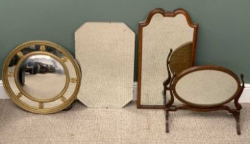 THREE VARIOUS VINTAGE WALL MIRRORS & A TOILET MIRROR, comprising rectangular, unframed bevelled edge