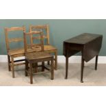 GEORGE III OAK GATELEG TABLE & THREE ELM NEAR-MATCHING FARMHOUSE CHAIRS (2+1), twin flap table,