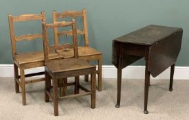 GEORGE III OAK GATELEG TABLE & THREE ELM NEAR-MATCHING FARMHOUSE CHAIRS (2+1), twin flap table,