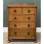 VINTAGE OAK RAILBACK CHEST, two short, three long drawers, circular backplates with ring pull