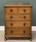 VINTAGE OAK RAILBACK CHEST, two short, three long drawers, circular backplates with ring pull
