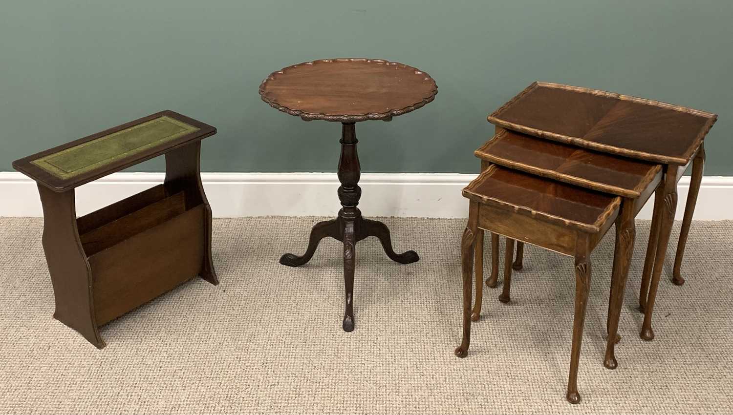 OCCASIONAL FURNITURE ITEMS comprising antique mahogany tilt-top tripod table, carved pie-crust