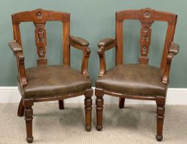 PAIR OF AESTHETIC PERIOD MAHOGANY ARMCHAIRS, curved backs, carved central splat, brown rexine arm