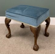 CARVED WALNUT LARGE FOOTSTOOL, blue upholstery, leaf knee detail, ball and claw feet, 50cms (h),