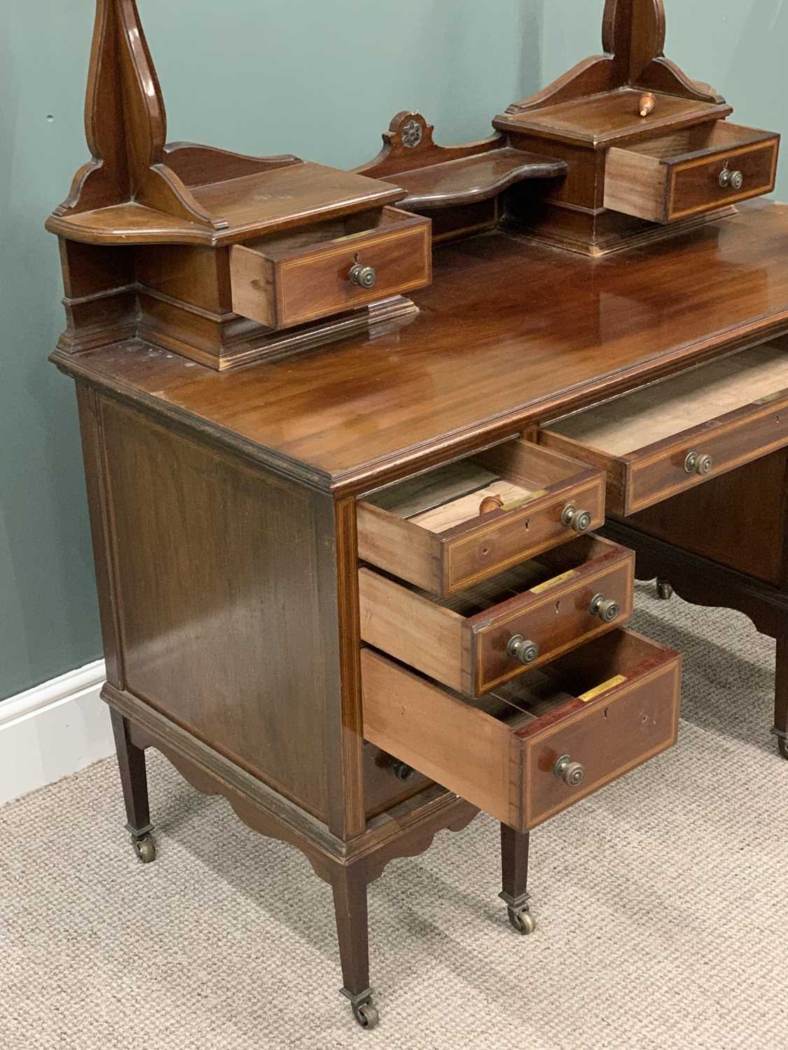 MAHOGANY DRESSING TABLE circa 1900, lacking mirror, boxwood string inlay, two drawer top section - Image 3 of 3