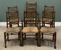 SET OF SIX OAK, RUSH SEATED FARMHOUSE CHAIRS (5 + 1), triple row spindle gallery back, swept arms,