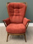 ERCOL STICKBACK ARMCHAIR, button upholstered back, original label attached, 103cms (h), 76cms (w),