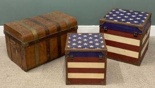VINTAGE & LATER LUGGAGE TRUNKS/STORAGE BOXES (3), comprising Victorian brass banded tin lidded