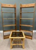 TWO MODERN PINE OPEN BOOKCASES & A BAMBOO EFFECT GLASS TOP COFFEE TABLE, 206cms (h), 80cms (w),
