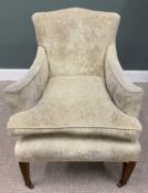 RE-UPHOLSTERED REGENCY MAHOGANY ARMCHAIR, shaped back, slightly swept arms, loose seat cushion,