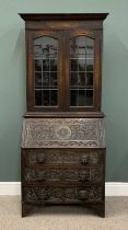 OAK BUREAU BOOKCASE circa 1900, leaded glazed twin upper doors, adjustable interior shelves, heavily