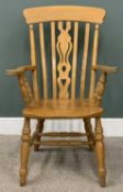 REPRODUCTION LIGHTWOOD FARMHOUSE ARMCHAIR, slightly curved back, shaped pierced central splat, swept