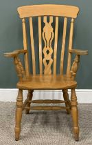 REPRODUCTION LIGHTWOOD FARMHOUSE ARMCHAIR, slightly curved back, shaped pierced central splat, swept