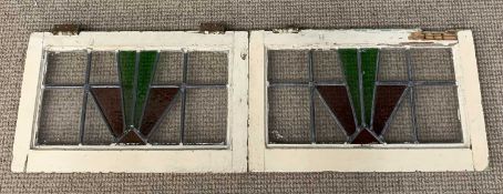 TWO STAINED GLASS WINDOW PANELS, leaded Art Deco fan detail, 35.5cms (h), 58cms (w), 5cms (d)