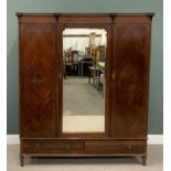 MAHOGANY TRIPLE WARDROBE circa 1900, capped pillar detail to the corners, walnut crossbanded quarter