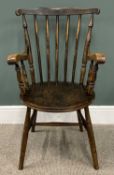 VINTAGE SPINDLE BACK FARMHOUSE ARMCHAIR, semi-curved back, circular seat, swept arms, turned