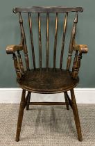 VINTAGE SPINDLE BACK FARMHOUSE ARMCHAIR, semi-curved back, circular seat, swept arms, turned