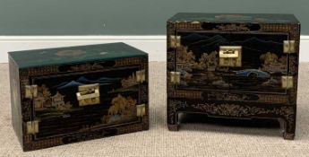 TWO JAPANESE PAINTED LACQUERWORK TABLE CABINETS, both twin door, original locks with keys, floral