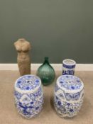 DECORATIVE GARDEN/CONSERVATORY ITEMS comprising pair of Chinese pottery blue and white barrel form