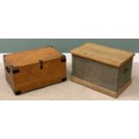 TWO ANTIQUE & VINTAGE PINE BOXES, part stripped and painted example, iron side carry handles and