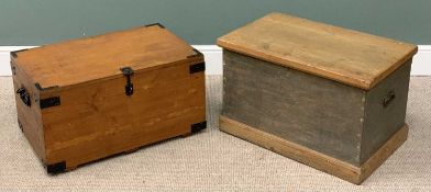 TWO ANTIQUE & VINTAGE PINE BOXES, part stripped and painted example, iron side carry handles and