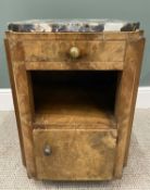 ART DECO WALNUT BEDSIDE CABINET with shaped multi-coloured marble-top, single frieze drawer, central