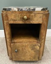 ART DECO WALNUT BEDSIDE CABINET with shaped multi-coloured marble-top, single frieze drawer, central