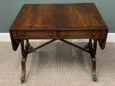 REGENCY MAHOGANY SOFA TABLE, twin flap crossbanded top, twin frieze drawers, turned wooden knobs,