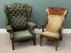 TWO VINTAGE ARMCHAIRS, comprising Victorian mahogany example, shaped crest rail, turned roundel
