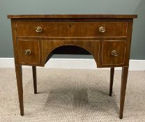 VINTAGE MAHOGANY KNEEHOLE WRITING DESK, bow fronted, single frieze drawer, twin lower drawers,