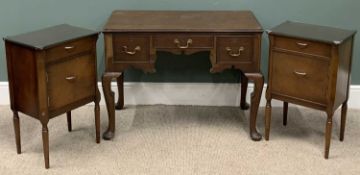 VINTAGE MAHOGANY LOWBOY & TWO LATER BEDSIDE CABINETS, beaded edge rectangular top, three opening