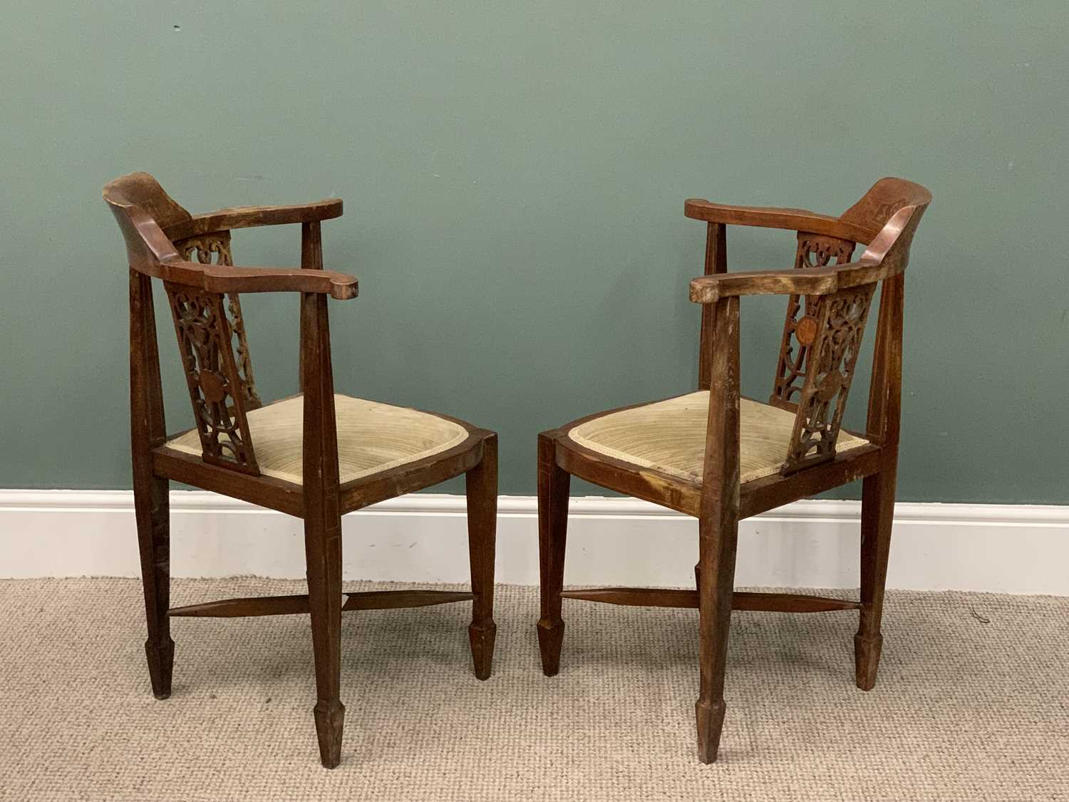 PAIR EDWARDIAN INLAID MAHOGANY CORNER CHAIRS, curved backs, shaped swept arms, twin fretwork splats, - Image 2 of 3