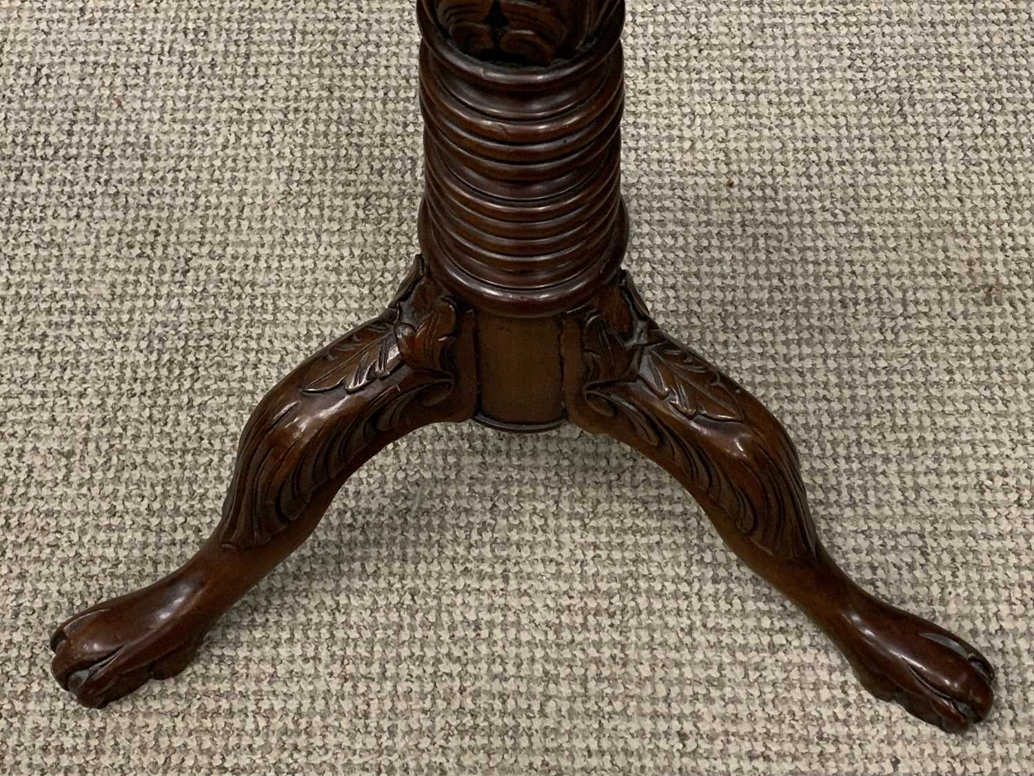 TWO MAHOGANY TORCHERE STANDS, Victorian Gothic style tray top example, turned and fluted column, - Image 3 of 5