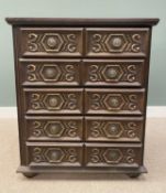 REPRODUCTION DUTCH OAK FIVE DRAWER CHEST, Jacobean style drawer fronts, fancy brass roundels and