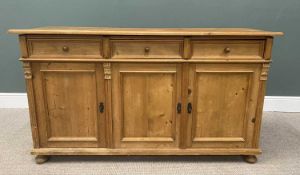 REPRODUCTION PINE DRESSER BASE, three frieze drawers, turned wooden knobs, three cupboard doors,