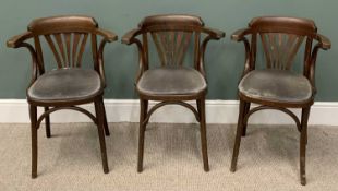THREE VINTAGE BENTWOOD ARMCHAIRS, curved backs, fan shaped splat, upholstered seat pads, slightly