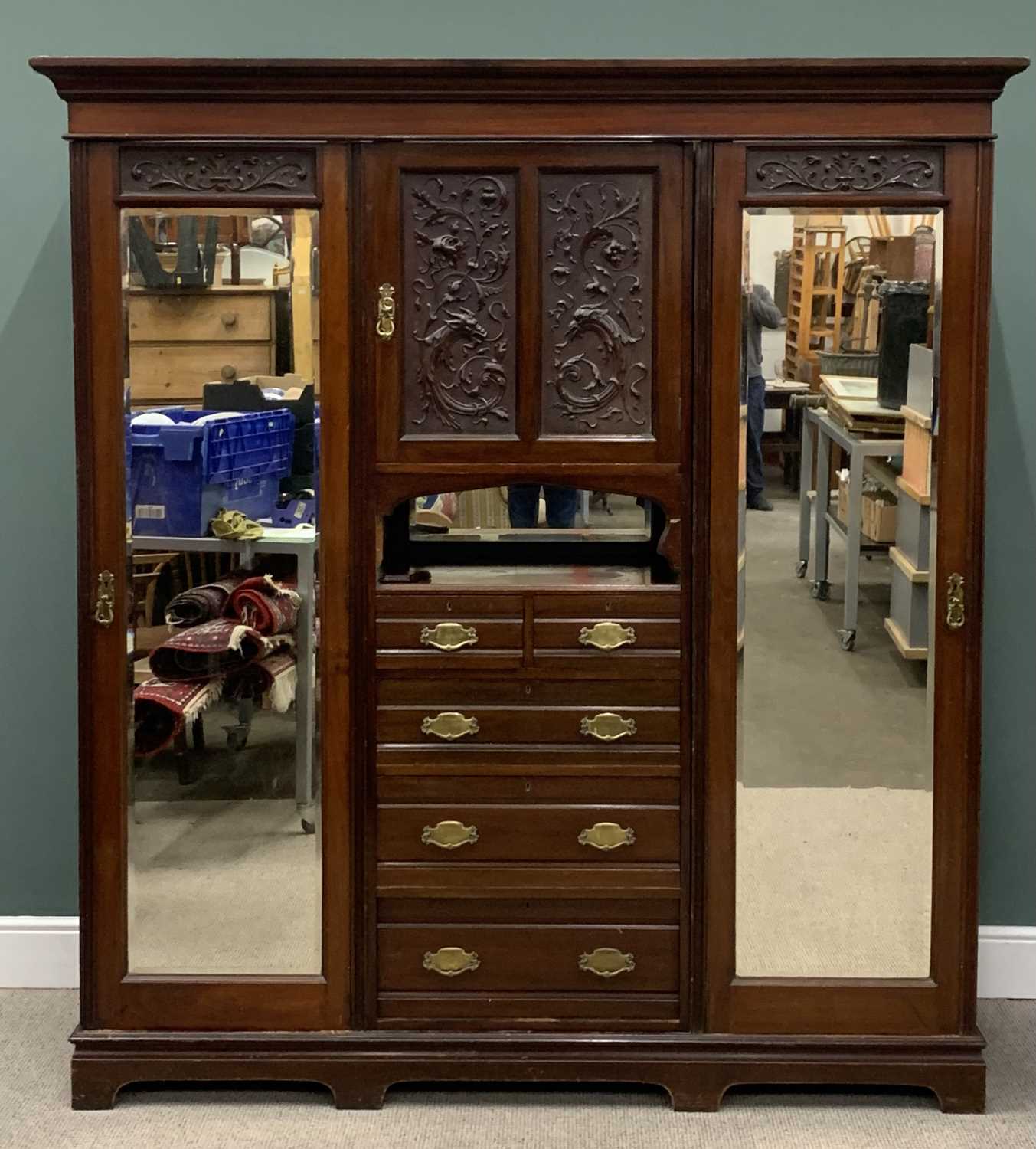 LATE VICTORIAN MAHOGANY BEDROOM FURNITURE two items comprising combination wardrobe, mythical - Image 2 of 10