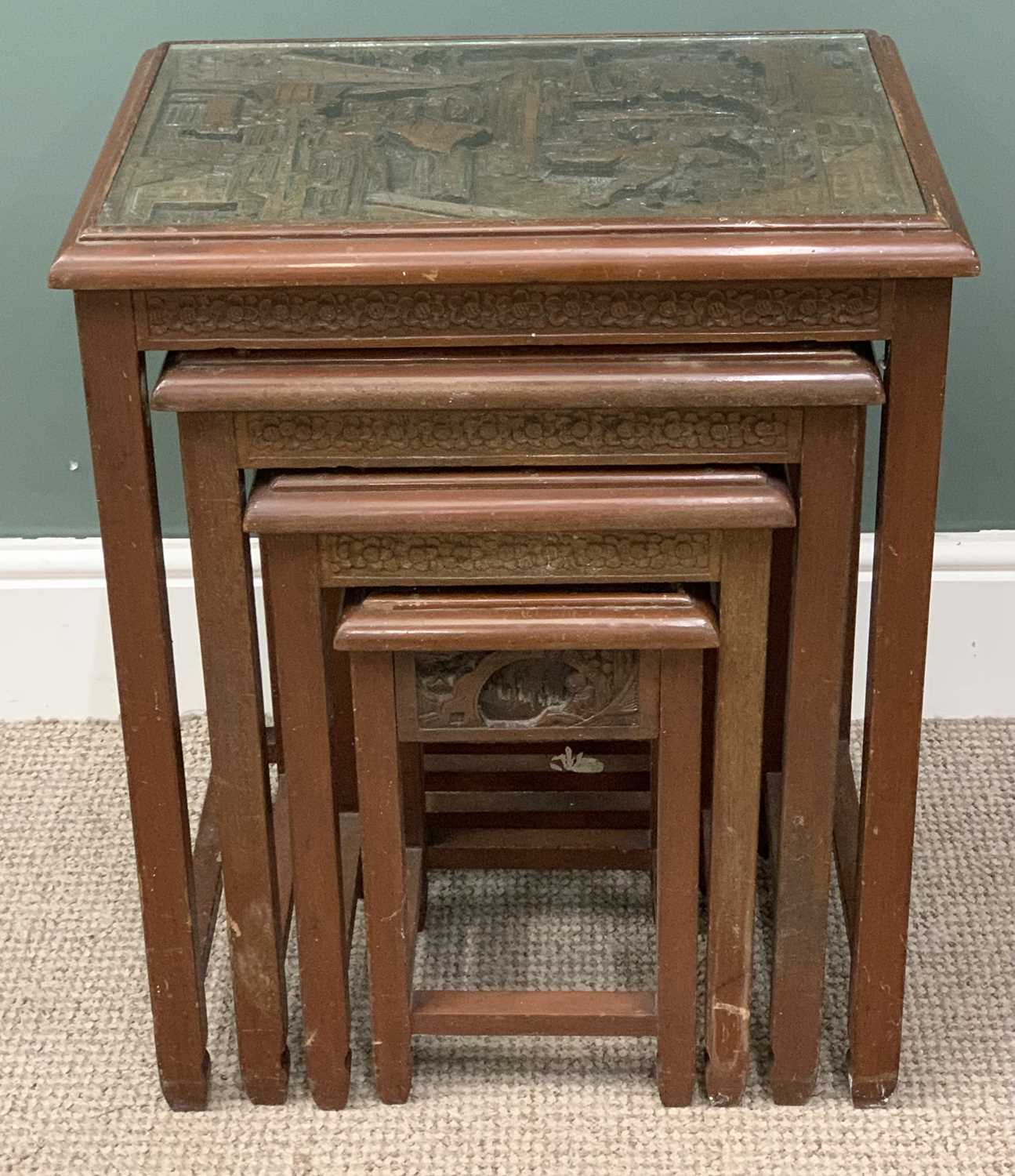 ORIENTAL CARVED TABLE QUARTETTO, deep carved top and frieze detail, square supports, cross - Image 7 of 9