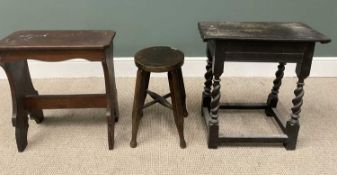 THREE VINTAGE STOOLS, comprising circular top, four turned supports, conjoining stretcher, 46cms (