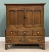 OAK TWO PIECE PRESS CUPBOARD circa 1840 and later, peg-joined construction upper section, panel