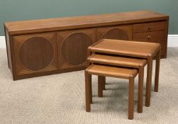 MID-CENTURY TEAK FURNITURE, comprising long sideboard (legs cut), drop-down end cupboard, twin