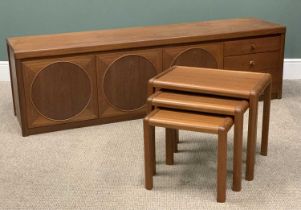 MID-CENTURY TEAK FURNITURE, comprising long sideboard (legs cut), drop-down end cupboard, twin