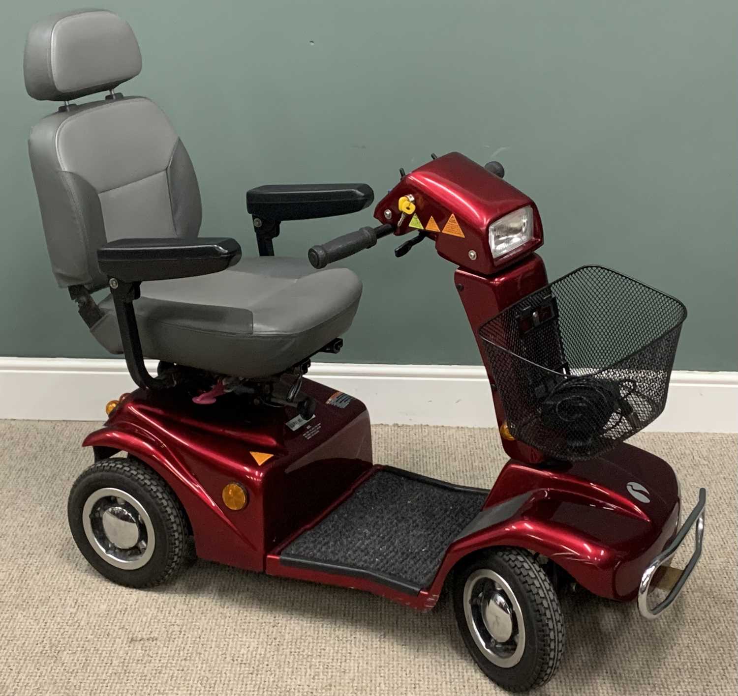 RASCAL ELECTRIC MOBILITY SCOOTER with key and charger, red and grey, chrome front nudge bar, front