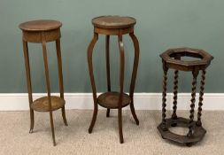 THREE EARLY 20TH CENTURY STANDS, comprising oak octagonal top barley twist stick stand, no tray,