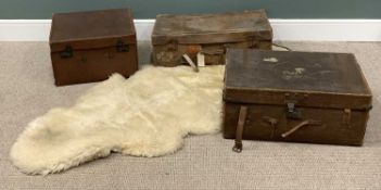 THREE ITEMS OF VINTAGE LUGGAGE & A SHEEPSKIN TYPE WOOLLEN RUG, trunks, 32cms (h), 69cms (w), 43.5cms