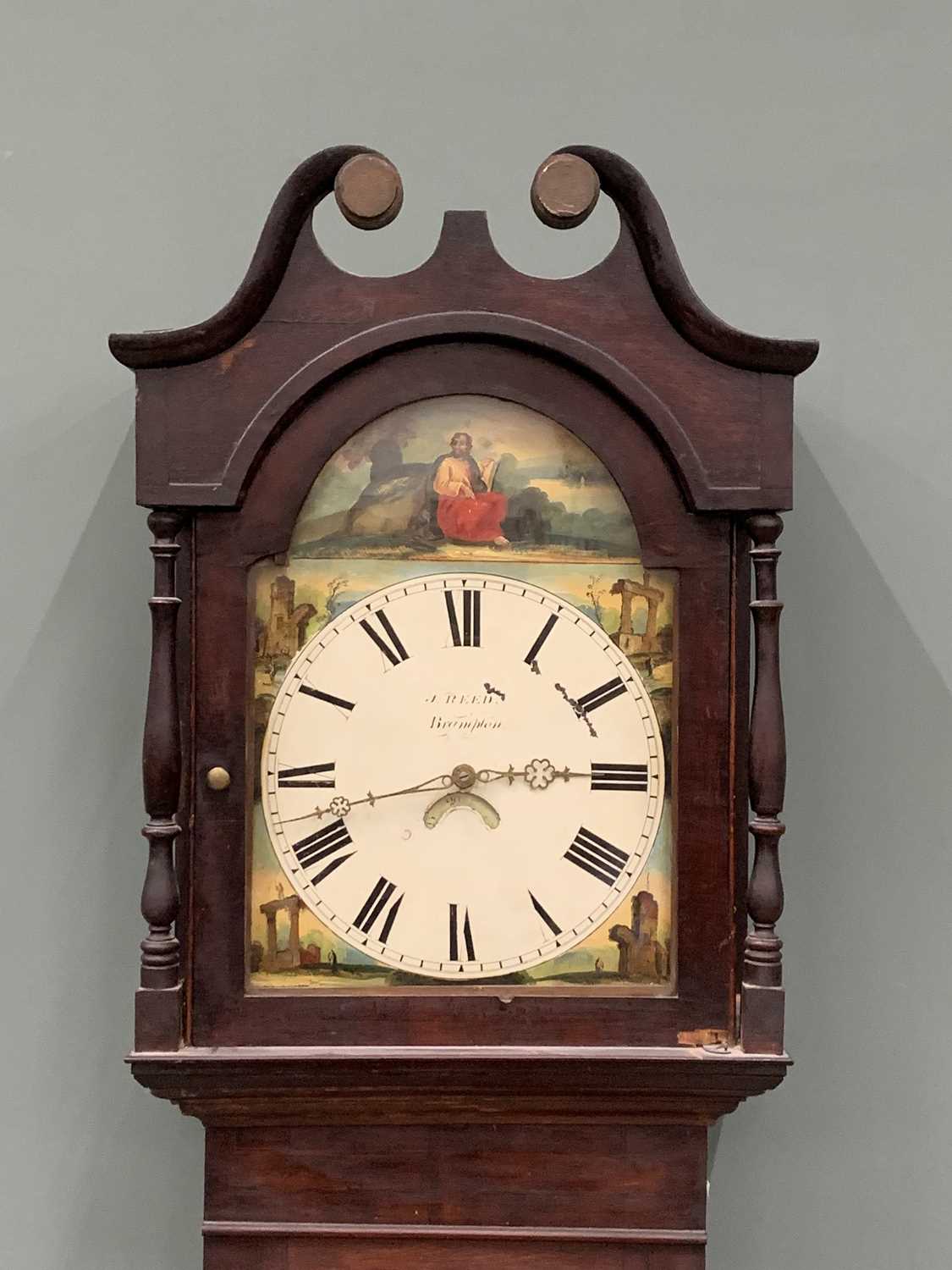 J REED BRAMPTON LONGCASE CLOCK circa 1850, arched top painted dial, Roman numerals, subsidiary