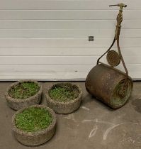 VINTAGE LEWIS'S LTD CAST IRON GARDEN ROLLER and three reconstituted stoneware circular planters,