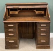 VINTAGE OAK ROLL-TOP DESK, slatted tambour front, interior drawers and pigeonholes, upper slide-