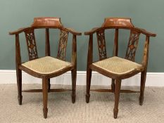PAIR EDWARDIAN INLAID MAHOGANY CORNER CHAIRS, curved backs, shaped swept arms, twin fretwork splats,